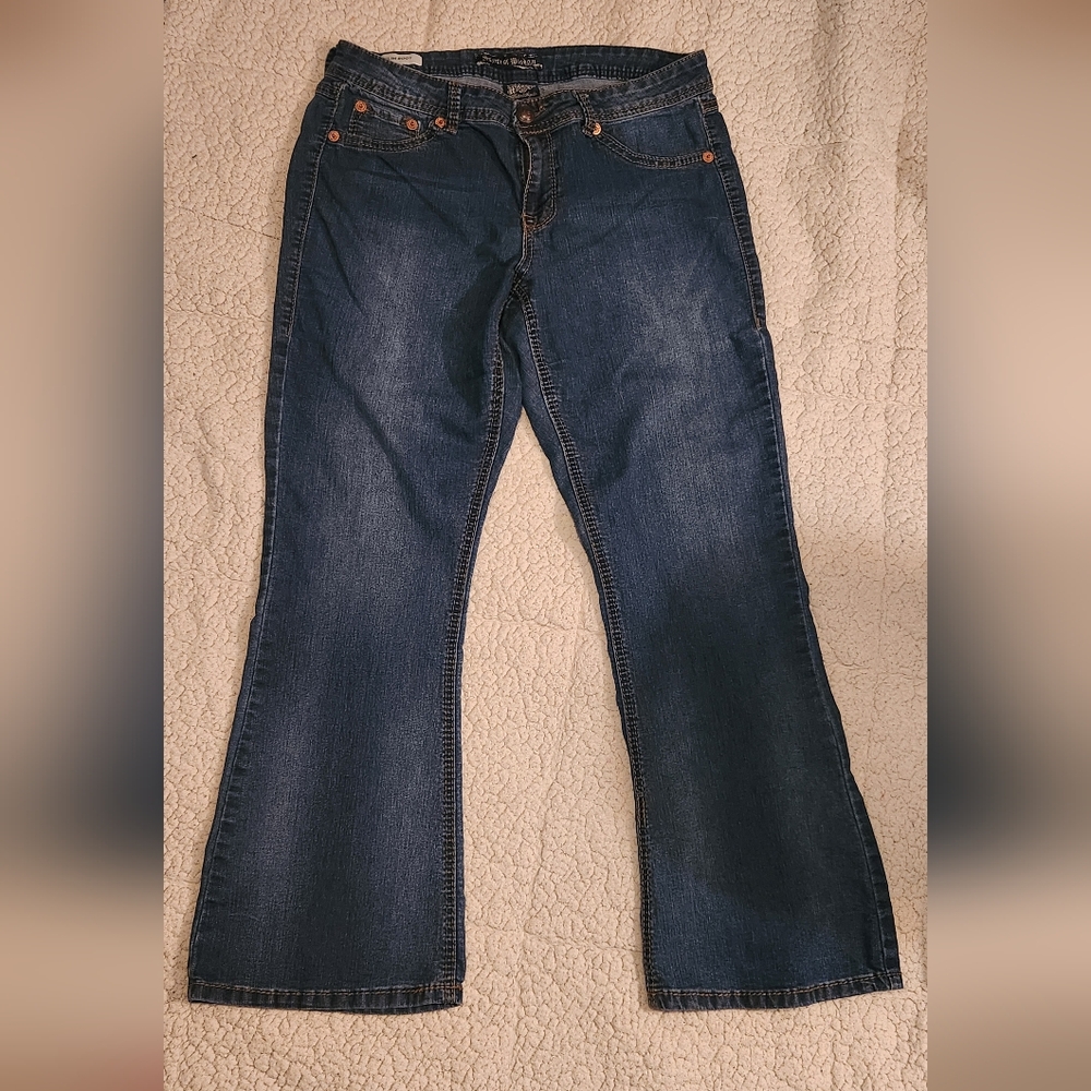 Blue Flare Wide Leg Jeans by Source of Wisdom, with Worn-In Look